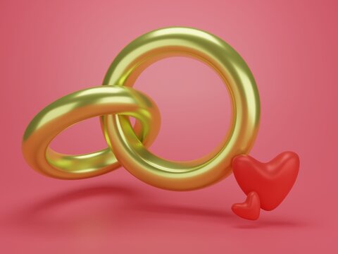 Red background With a yellow gold ring next to each other And 2 red hearts render 3d