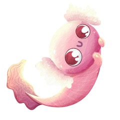 Cute lovely axolotl. Watercolor illustration isolated on white background. Valentine's card. Happy axolotl swimming cartoon illustration. Cute underwater aquatic animal design for kid, clipart 