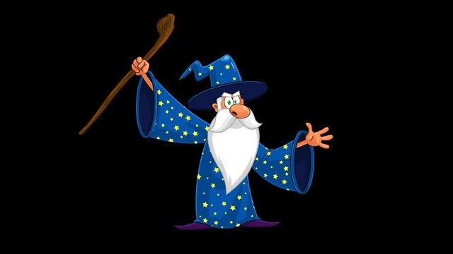 Wizard Cartoon Character With A Cane Making Magic. 4K Animation Video Motion Graphics On Black Screen Background 