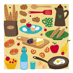 A square bright multicolored postcard, poster, sticker on the theme of breakfast: a lot of different dishes and products. Coffee pot, cup, fruit, eggs, frying pan, scrambled eggs, sandwiches, cookies.