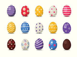 Easter eggs with different texture set isolated on a white background. Spring holiday. Happy Easter Vector Illustration.