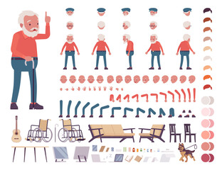 Old man, elderly person construction set. Senior citizen over 65 years, retired bearded grandfather, aged pensioner. Cartoon flat style infographic illustration, different emotions, skin, hair tones