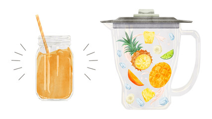 パインマンゴースムージーの材料手描き水彩風イラスト