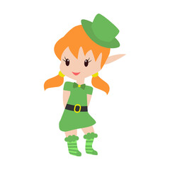 Cute little elf flirting and smiling isolated on white. Design for Patrick day. Can be used for stiker, banner, card, poster and any design. Vector illustration.