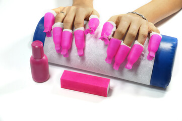 Preparation for removing hybrid varnish from nails. Client's preparations.