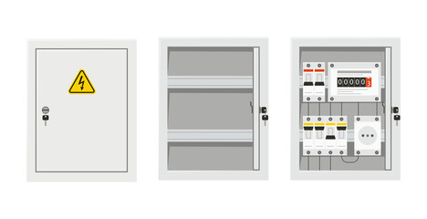 Electrical power switch panel with open and close door. Fuse box. Isolated vector illustration in flat style on white background