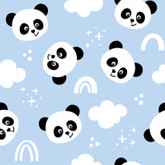 Panda bear pattern design with panda heads and cludy sky - funny hand drawn doodle, seamless pattern. Lettering poster or t-shirt textile graphic design. Wallpaper, wrapping paper, background.