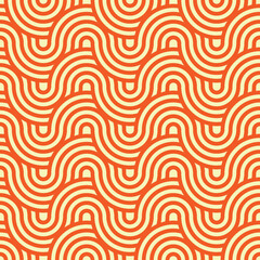 Geometric circle intersect waves seamless pattern. Orange background. Fabric designs and tiles texture pattern.