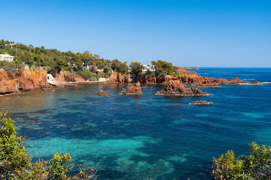 France, Var department, Agay, Village of Agay Among Red Rocks of Esterel Massif