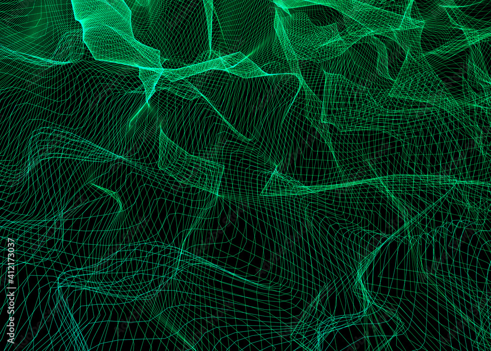 Poster abstract green polygonal space background with chaotic lines. 3d geometric polygonal background conn