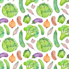 Watercolor seamless pattern with vegetables on white background. Hand drawn food illustration.