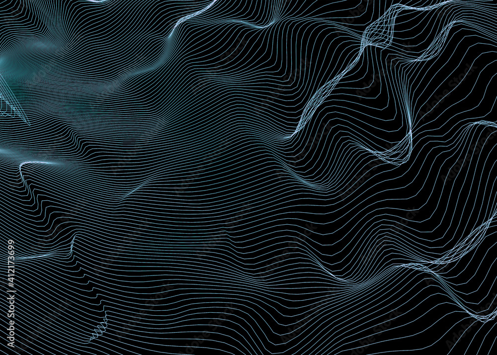 Poster particles form line and surface grid. 3d rendering. science fiction background of glowing particles.