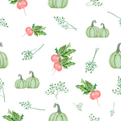 Seamless pattern with green pumpkin, branches and pink radish. Isolated on white background.  Perfect for printing on the fabric, design package and cover, wrapping paper, farmers market