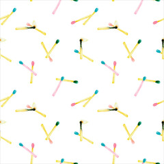 Seamless pattern with Multicolored matches in pastel colors. Isolated on white. Watercolor hand drawn elements. Perfect for printing on the fabric, design package and cover.