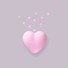 3d illustration. Porcelain pink heart on a gray background from which small hearts fly.