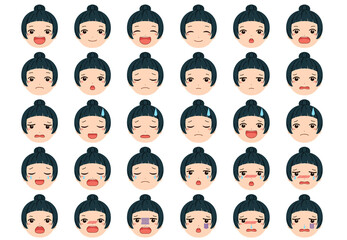 笑顔や落ち込んだり困ったり風邪をひいたり色んな表情のおばあちゃんの顔のイラストセット Wall Mural アオフジマキ