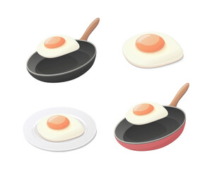 Fried egg concept set. Breakfast vector isometric illustration. Food preparation. 