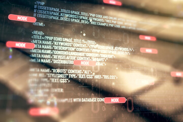 Abstract virtual coding concept on blurry abstract metal background. Multiexposure
