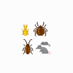 Rat, mouse, cockroach, tick, termite. Household pests. Pixel art. Old school computer graphic. 8 bit video game. Game assets 8-bit sprite. 16-bit.