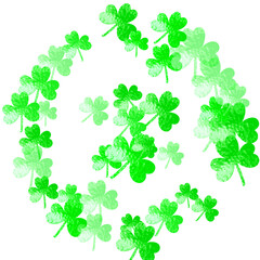 Shamrock background for Saint Patricks Day. Lucky trefoil confetti. Glitter frame of clover leaves.. Template for voucher, special business ad, banner. Greeting shamrock background.