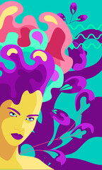 A bold, bright poster with psychedelic touches in a retro style. Banner design image with a young confident girl with bright hair on an abstract background. Psych Out trend