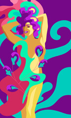 Obraz na płótnie Canvas A bold, bright poster with psychedelic touches in a retro style. Banner design image with a young confident girl with bright hair on an abstract background. Psych Out trend
