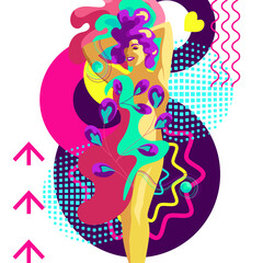 Obraz na płótnie Canvas A bold, bright poster with psychedelic touches in a retro style. Banner design image with a young confident girl with bright hair on an abstract background. Psych Out trend