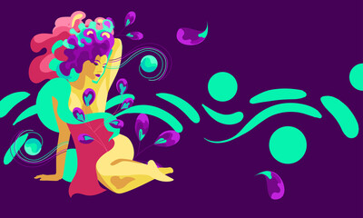 A bold, bright poster with psychedelic touches in a retro style. Banner design image with a young confident girl with bright hair on an abstract background. Psych Out trend