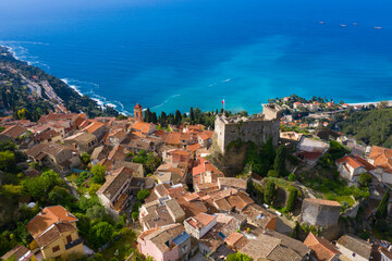France, Alpes Maritimes department, Nice, Aerial view of the hilltop village of Roquebrune Cap Martin. - 412174870