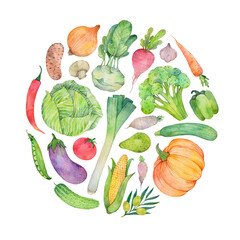 Watercolor vegetables in the shape of a circle, hand painted composition. Fresh food illustrations isolated on white background.