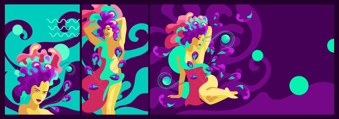 Fototapeta na wymiar A bold, bright poster with psychedelic touches in a retro style. Banner design image with a young confident girl with bright hair on an abstract background. Psych Out trend
