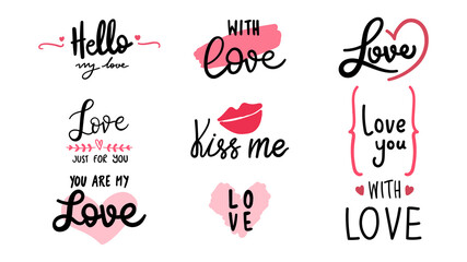 Romantic lettering set ,Love handwritten calligraphy isolated on white background. Vector Illustration EPS 10
