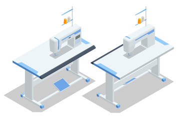 Isometric Sewing machine on table in tailor s workshop on a white background. Textile industry. Sewing accessories and fabric. Tailoring industry, fashion designer workshop, industry concept