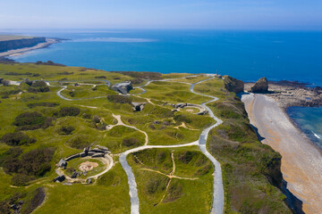 France, Calvados department, Aerial view of Pointe du Hoc on the coast of Normandy. famous World War II site - 412175630