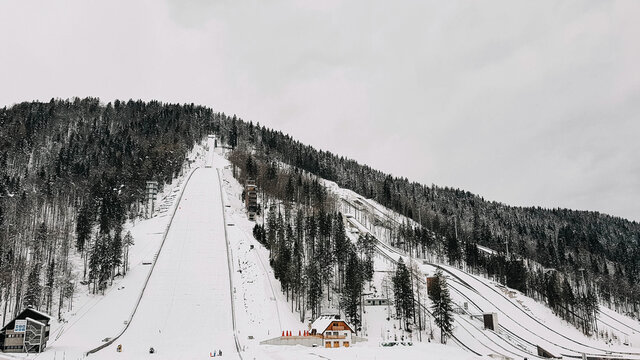 Ski jumping hills in winter. Nordic ski centre, Planica, Slovenia.
