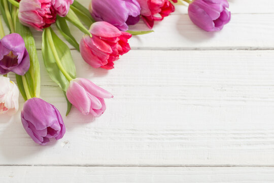 beautiful  tulips on white wooden background