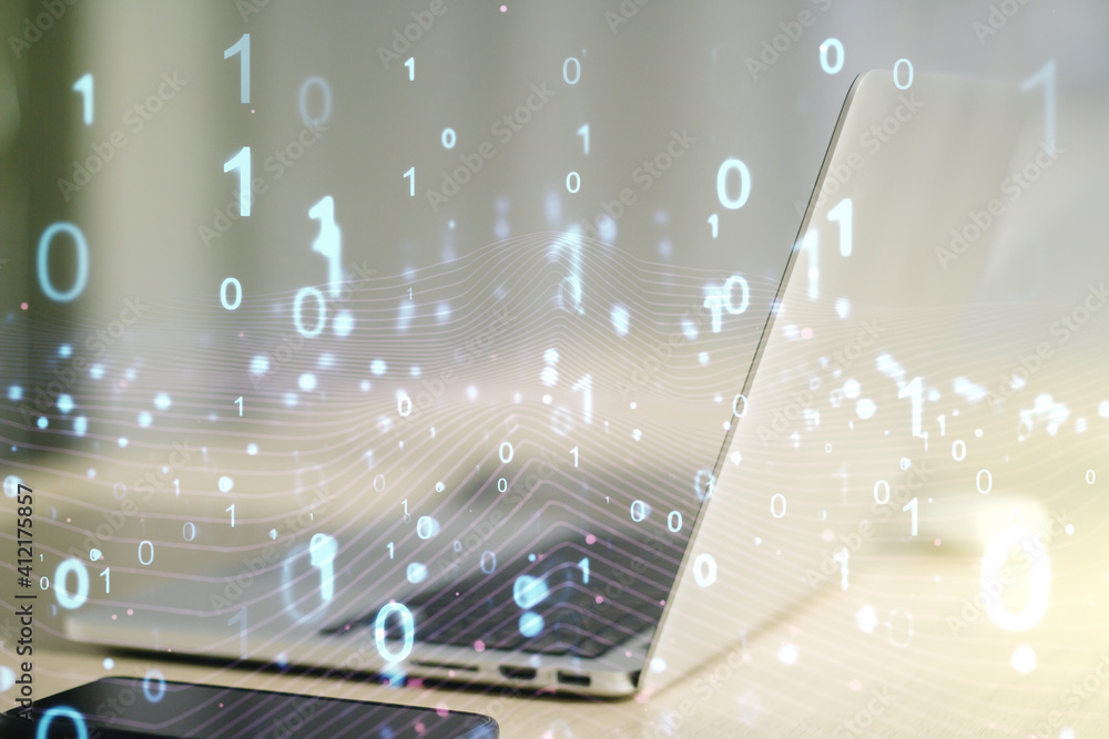 Aufkleber creative abstract binary code hologram on modern computer background, ai and machine learning concep