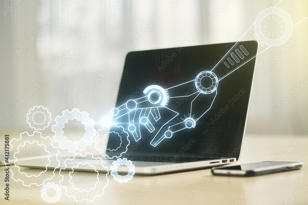 Aufkleber creative abstract robotics technology sketch on modern laptop background, future technology and ai c