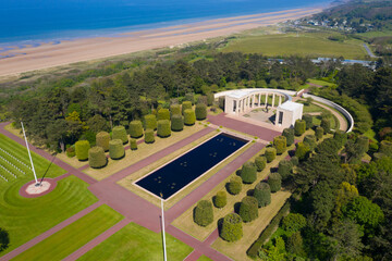 France, Calvados department, Colleville sur Mer, Aerial view of American War Cemetery at Omaha Beach, Normandy - 412175824