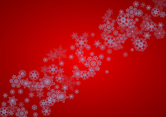 Christmas frame with snowflakes on red background. Santa Claus colors. Horizontal Christmas frame for holiday banners, cards, sales, special offers. Falling snow with bokeh and flakes for celebration