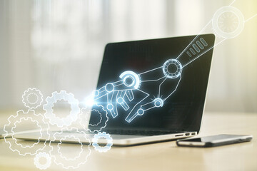 Creative abstract robotics technology sketch on modern laptop background, future technology and AI...