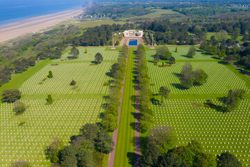 France, Calvados department, Colleville sur Mer, Aerial view of American War Cemetery at Omaha Beach, Normandy - 412176054