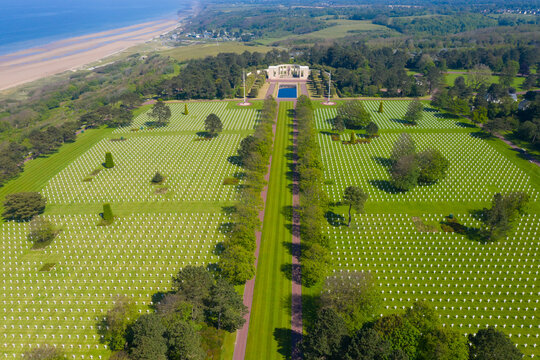 France, Calvados department, Colleville sur Mer, Aerial view of American War Cemetery at Omaha Beach, Normandy