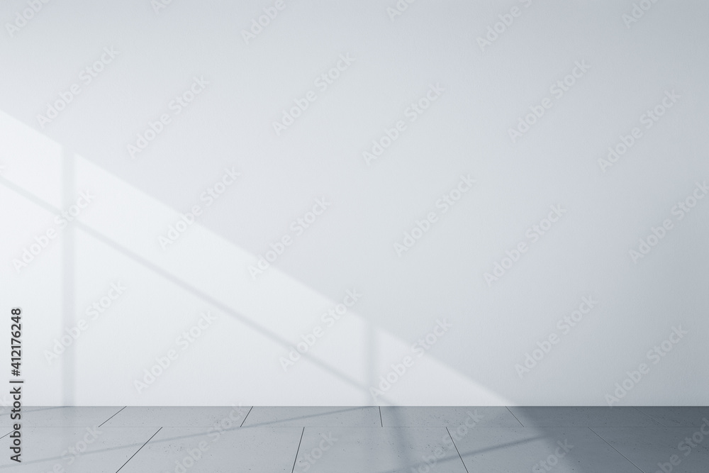Poster front view on blank light grey wall in the morning and grey floor. mockup. 3d rendering
