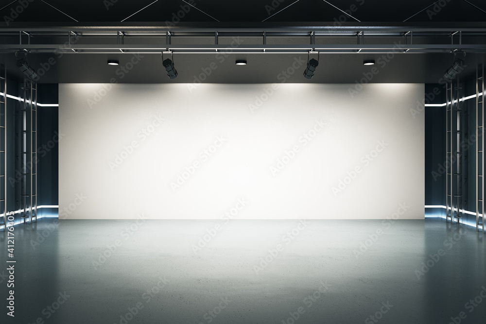 Poster Big blank light screen instead of wall with projectors in empty industrial style hall room with glossy floor. Mockup. 3D rendering.