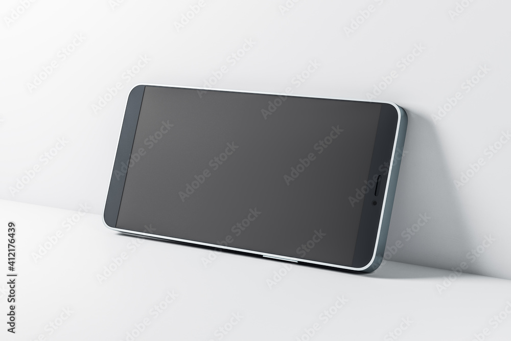 Poster black mobile phone standing with empty blank touch screen