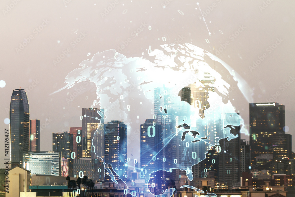 Poster multi exposure of abstract creative coding sketch and world map on los angeles city skyline backgrou