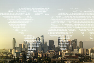 Fototapeta na wymiar Multi exposure of abstract creative digital world map hologram on Los Angeles skyscrapers background, research and analytics concept