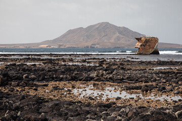 Wrecked ship and coastline in Sal, Cape Verde