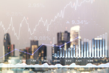 Multi exposure of virtual creative financial chart hologram on blurry cityscape background, research and analytics concept